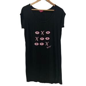 Betsey Johnson Nightgown Stretch Tee Black with Hot Pink X's & Kisses Size Small